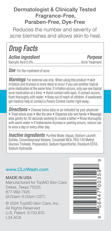 CLn® Acne Cleanser-The Only Cleanser with 0.5% Salicylic Acid Preserved with Sodium Hypochlorite for Clarifying Skin from Blackheads & Breakouts, Oil-Free & Fragrance-Free, 8 fl oz (Pack of 2)