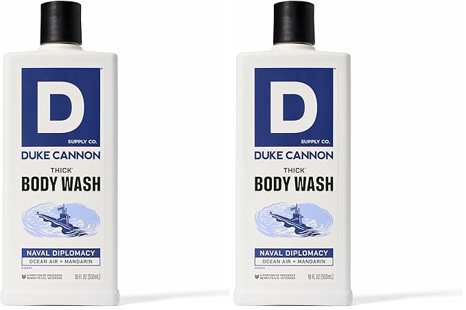 Duke Cannon Supply Co. Thick High Viscosity Body Wash - 3X Thicker, Plant-Based, Mineral-Enriched Body Wash for Men - Citrus Musk + Cedarwood - Mens Body Scrub - Naval Diplomacy (18 oz) (Pack of 2)