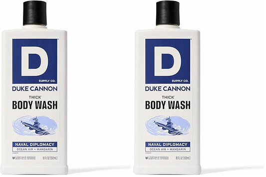 Duke Cannon Supply Co. Thick High Viscosity Body Wash - 3X Thicker, Plant-Based, Mineral-Enriched Body Wash for Men - Citrus Musk + Cedarwood - Mens Body Scrub - Naval Diplomacy (18 oz) (Pack of 2)