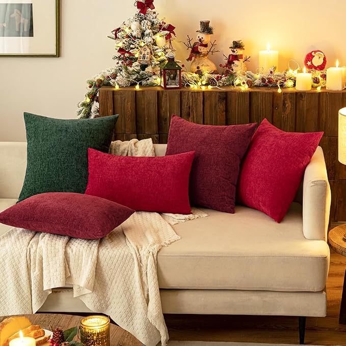 MIULEE Soft Chenille Throw Pillow Covers Red 18x18 Inch Pack of 2 | Modern Home Decor, Classic Decorative Pillows, Solid Dyed Cases, Boho Couch Cushion Covers for Sofa Bed Living Room
