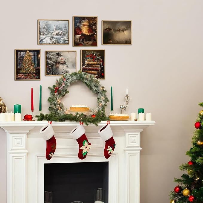 Vintage Christmas Santa Poster Set of 6, Santa Claus Pictures Wall Art Christmas Tree Wall Decor Painting Rustic Holiday Canvas Print Artwork for Living Room Farmhouse 12x16 inch Unframed