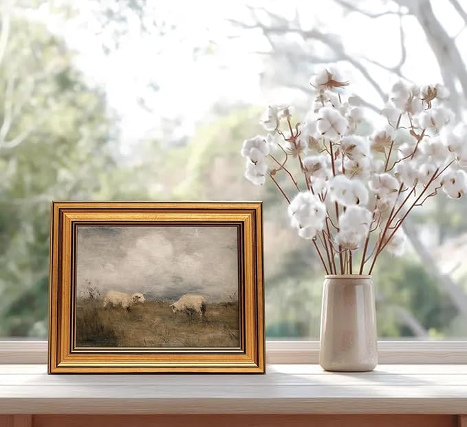 ZLPLLHA Gold Framed Wall Art Vintage Wall Decor Sheep Canvas Art Animal Pictures Rustic Landscape Paintings Scenery Artwork Farmhouse Prints For Living Room Bedroom Office