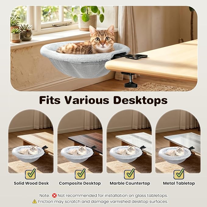 Cat Desk Bed,Cat Desk Hammock with Foldable Clip-On, Light Gray | Reversible Double-Sided Mat&No-Drill Sturdy Metal Cats Perch,Supports 40 lbs,Space-Saving Cats Furniture for Home Office Game