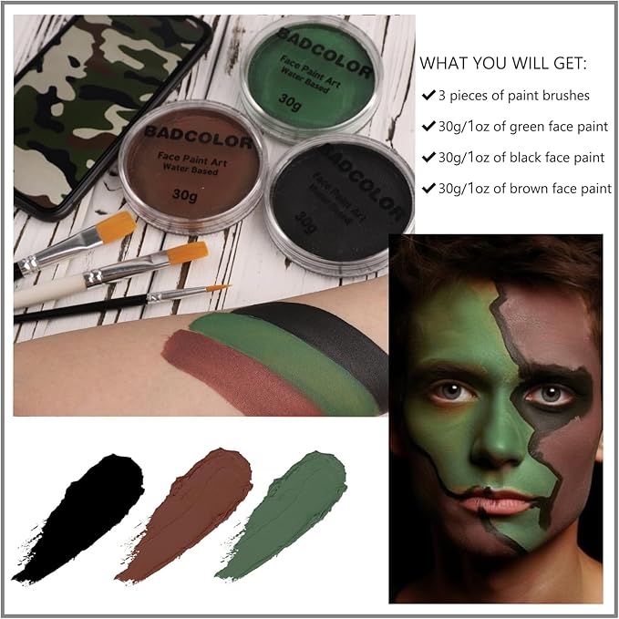 Black Green Brown Camo Face Paint with Brushes Set, Water Based Face Painting Kit for Camouflage Military Hunting & Paintball, Facepaint for Kids & Adults Halloween Special FX Cosplay Costume Makeup