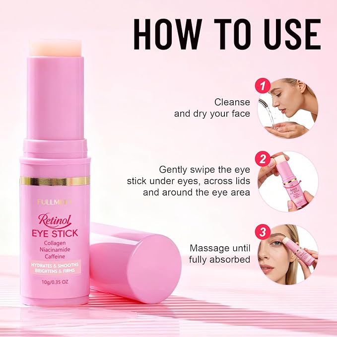 Retinol & Caffeine Eye Balm Stick, Smoothing Under Eye Balm for Dark Circles, Puffiness, Fine Lines and Eye Bags, Gentle Under Eye Cream with Collagen, Niacinamide & Peptides, 0.35oz/10g