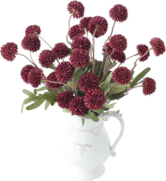 6pcs Burgundy Faux Silk Mums Artificial Flowers, Bulk Fake Small Mini Chrysanthemums with Stems for DIY Wedding Centerpieces Floral Arrangements Vase Fillers Home Decorations