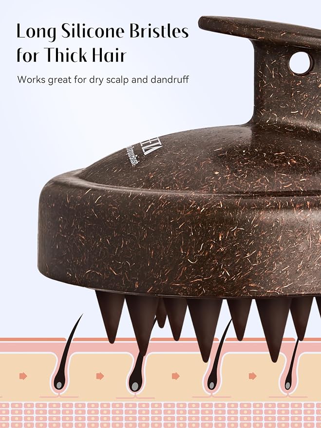 HEETA Scalp Massager Hair Growth, Soft Silicone Scalp Scrubber Shampoo Brush for Exfoliation, Dandruff Removal & Head Massage Stress Relax, Wet & Dry Use for Thick, Thin Hair Care, Dark Brown