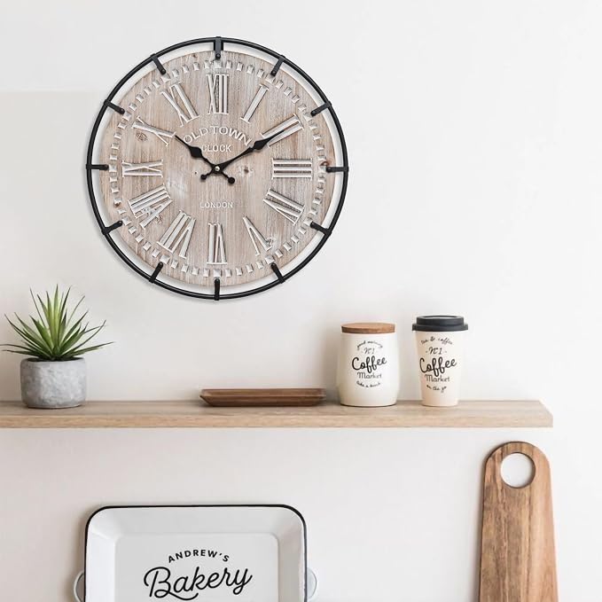 EMAX HOME 12 Inch Farmhouse Wall Clock Rustic Antique Wood with Metal Circle and Large Engraved Numerals, Silent Battery Operated Wall Clock for Office Kitchen Bedroom Living Room