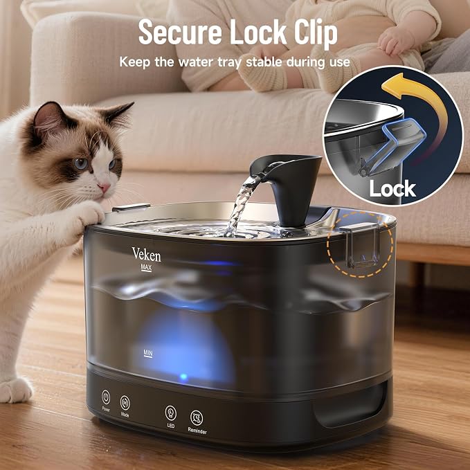 Veken 85oz/2.5L Cordless Cat Water Fountain for Cats, Dogs, Pets, Black | Stainless Steel Tray & Secure Clips, 5200 mAh Battery Operated, Pet Drinking Dispenser, LED Light, Wireless Fountain