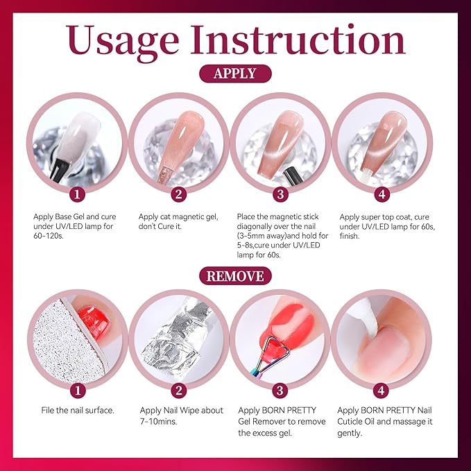 Born Pretty Pink Cat Magnetic Eye Gel Nail Polish 15ML,Spring Summer Hot Pink Jelly Glass Crystal Glitter Shimmer Translucent Gel Polish with Magnet,Soak Off U V Gels for Women Girl