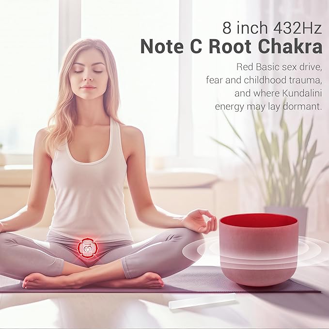 432hz 8 inch Red C Note Root Chakra Quartz Crystal Singing Bowl with Resonance Striker for Healing Mindfulness Meditation Yoga Sound Baths