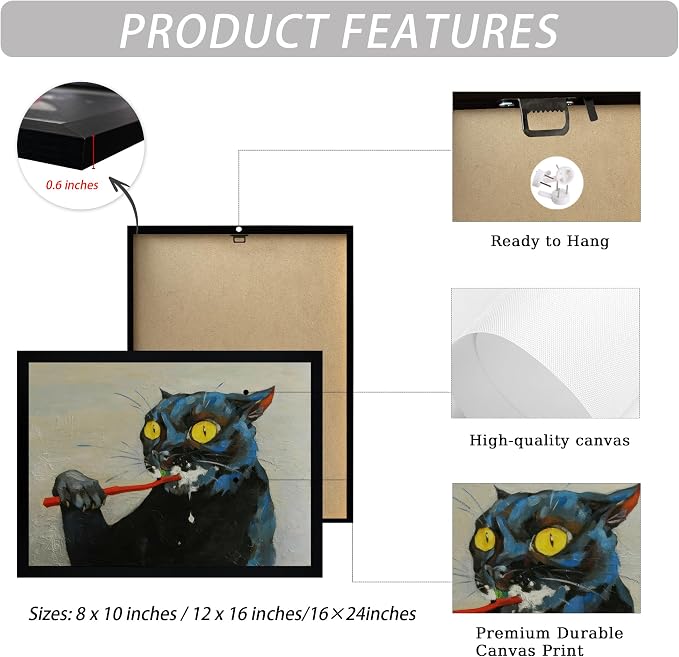 ICHZUMW Framed Funny Black Cat Bathroom Decor Canvas Wall Art, 16x24 Inches | Quirky Black Cat Brushing Teeth Painting, Humorous Bathroom Wall Decor, Restroom Powder Room, Fade Resistant, Ready to Hang
