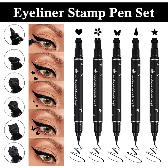 5Pcs Liquid Winged Eyeliner Stamp Pen Set, Dual-Ended Liquid Eyeliner for Perfect Wing Cat Eyes, Waterproof Smudge-Proof Stamp for All Eye Shapes (Star,Heart,Flower,Butterfly,Triangle)