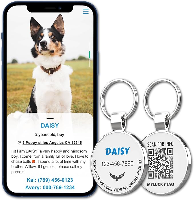 MYLUCKYTAG Personalized QR Code Pet ID | Dog & Cat Collar Tag | Online Profile with Instant Scanned Location Alert Email