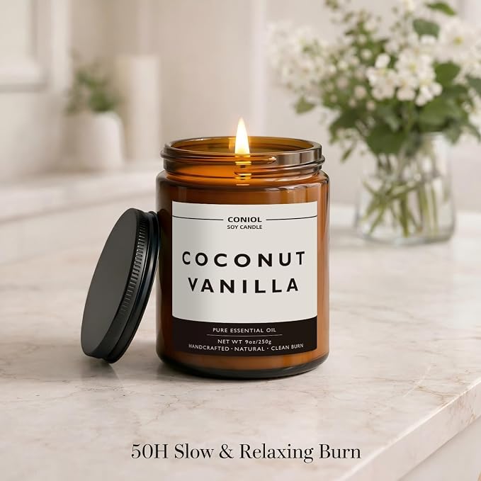 Coconut Vanilla Scented Candles for Home, Natural Soy Wax Candle with Essential Oils, 9oz Amber Jar Aromatherapy Candel, 50H Long & Non-toxic Burning, Hand Poured, Giftable, Relaxation,Birthday