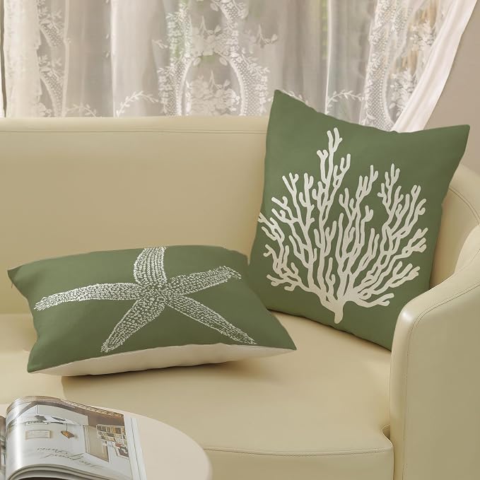 Coastal Pillow Covers 18x18 Set of 2 Sage Green Coral Starfish Throw Pillows Nautical Ocean Decorations Spring Summer Beach Pillowcase Outdoor Decor Linen Farmhouse Cushion Case for Home Sofa
