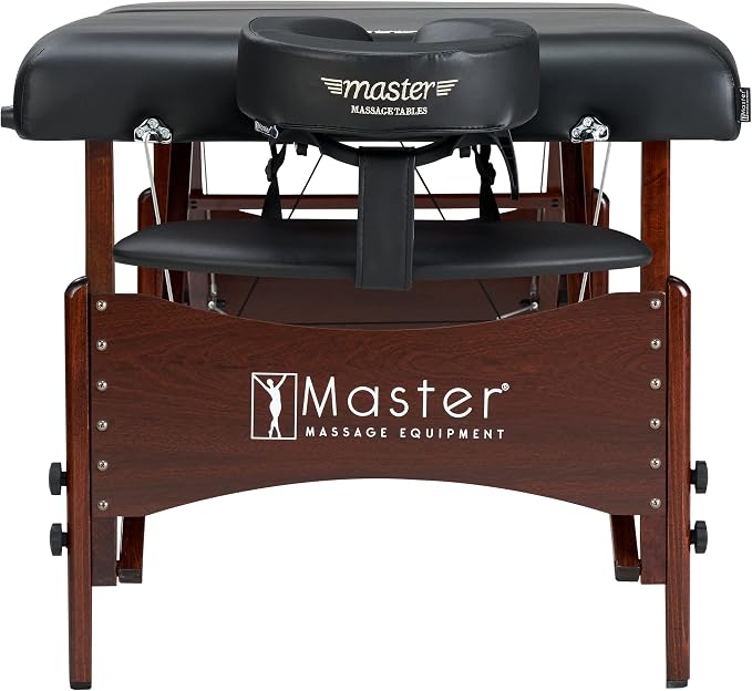 Master Massage Newport Portable Massage Table Package with Denser 2.5" Cushion, Walnut Stained Hardwood, Steel Support Cables, Pillows & Accessories, Black, 30"