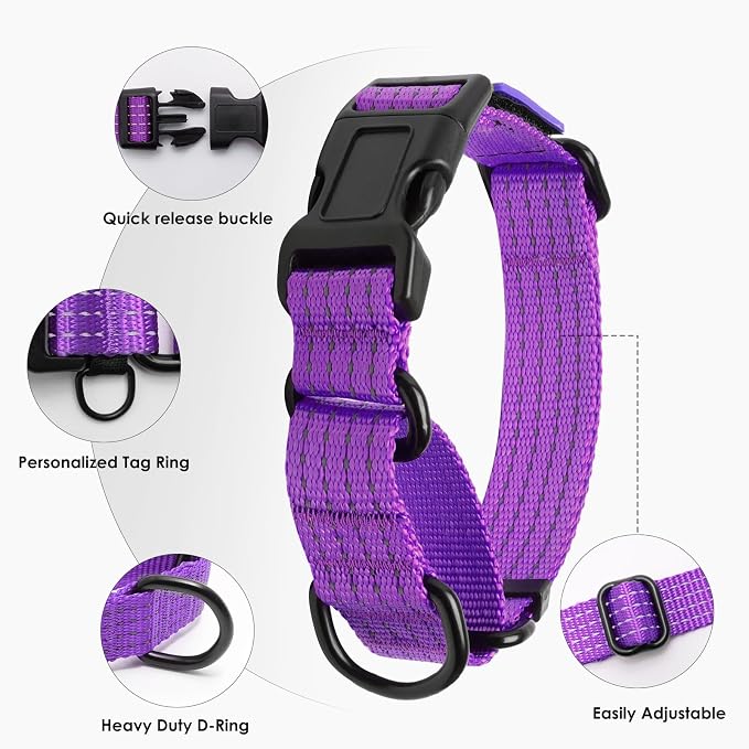 Martingale Dog Collar Reflective NO Pull with USA Flag, M, Purple