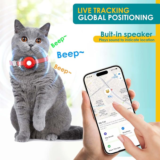 GPS Tracker for Cats, Cat Tracker, Compatible with Apple Find My App (Only iOS), No Monthly Fee, Waterproof, Breakaway Collar Included (White Tracker, Red Cat Collar)
