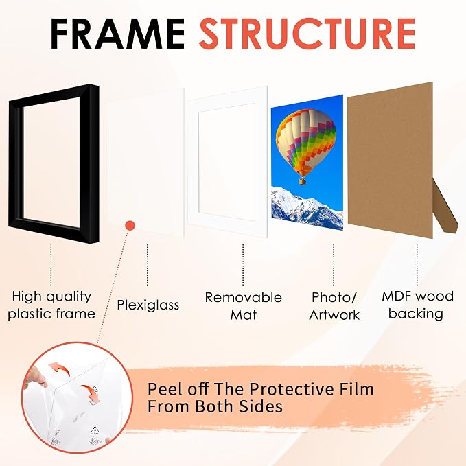 8x10 Picture Frame Set of 6, Black Photo Frames Bulk with HD Plexiglass, Display Pictures 5x7 with Mat or 8x10 Without Mat, Multi Picture Frames Collage for Tabletop or Wall Display