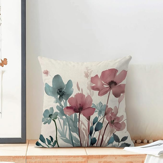 Spring Floral Pillow Covers 18x18 Inches Set of 2 Blue Pink Floral Throw Pillow Covers Outdoor Rustic Summer Flower Decor Pillowcase Farmhouse Decorative Cushion Cover for Home Sofa Couch
