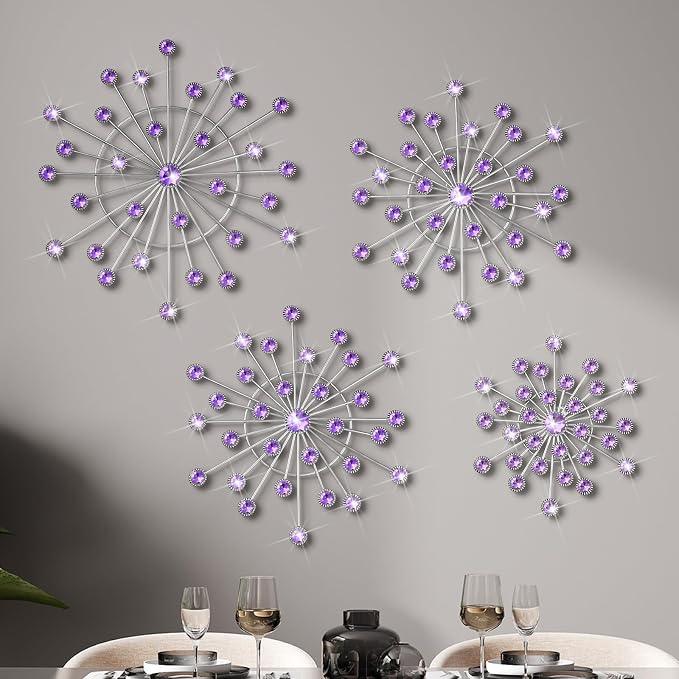 Blulu 4 Pcs Metal Wall Decor Bling Crystal Wall Art Cast Iron Rhinestones Sunburst Decor Starburst Art Hanging Diamond Accents Decorative for Living Room Bedroom Entryway (Purple)