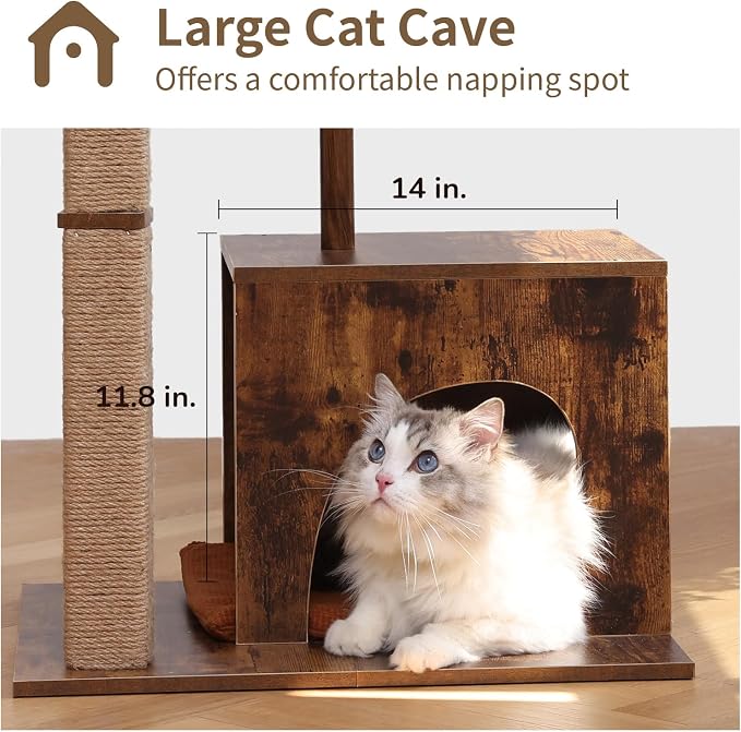 FUKUMARU Retro-Modern Cat Tree, Small Wooden Cat Tower with Post and Condo | 32.6" Aesthetic Cat Tree Tower for Indoor Adult Cats, Solid Scratcher with Natural Sisal Scratching Post and Silvervine Balls