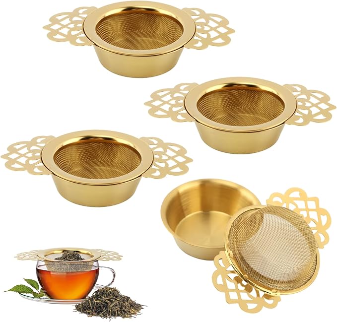 4 Pack Tea Strainer Bowl,Stainless Steel Tea Strainer Bowl, Fine Mesh Fil-ter with Drip Bowl & Winged Handles for Loose Tea/Coffee, Fits 2.5-4 Inch Cup Mouth(COLOR:Glod)