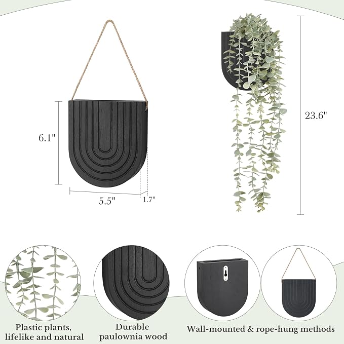 Dahey 2 Pack Wall Planter Vase with Hanging Fake Plants for Bathroom Decor | Eucalyptus Wall Plants, Boho Farmhouse Wood Wall Art Decor for Living Room Bedroom Kitchen Home Office, 2 Ways to Hang, Black