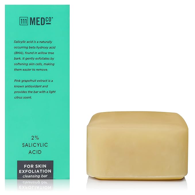 111MedCo 2% Salicylic Acid Exfoliating Acne Cleansing Bar, Medicated Face & Body Soap for Breakouts, Rough Bumpy Texture and Dull‑Looking Skin, Helps Smooth and Clear Pores, 4 oz