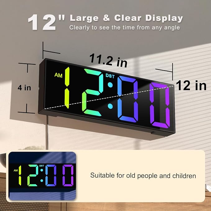 JALL Digital Wall Clock Large Display with Big LED Numbers, Remote Control, 8 RGB Colors, Auto DST, Night Light for Classroom Living Room Bedroom Birthday Gift for Senior, Men Women (Black)