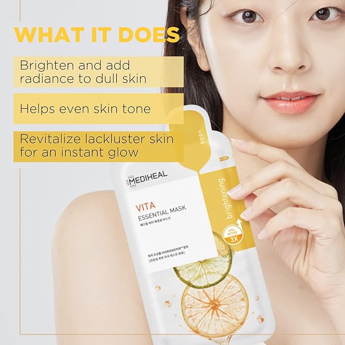 Mediheal Best Korean Sheet Mask - Vita Essential Face Mask 10 Sheets Vitamin Mask For All skin types Smoothing Tightening Toning up Brightening (Pack of 2)