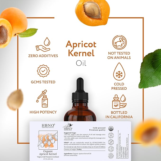 HBNO Organic Apricot Kernel Oil - 4 oz (120 ml) Value Size - Natural Apricot Oils, Cold Pressed - Perfect Carrier Oil for Massage, Aromatherapy, DIY, Soap Making, Face, Body, Lips, Hair, Nails