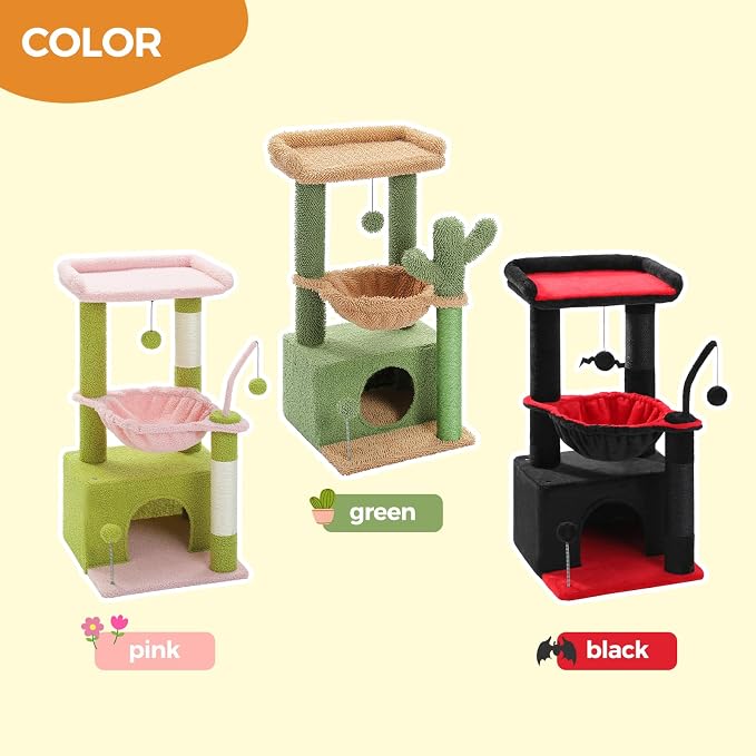 PEQULTI 4-in-1 Cat Tree for Kittens & Small Cats, 33in Pink Tower | Compact 33in cat tower: deep hammock, cozy condo, top perch, sisal post; removable washable cover; wide base for small cats