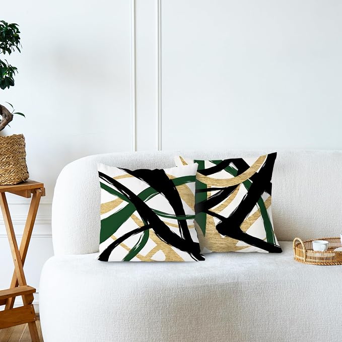 Black Gold and Green Pillow Covers, Abstract Black and Gold Pillow Covers 24x24 Set of 2, Modern Boho Decorative Throw Pillows Cover for Couch Bed Living Room