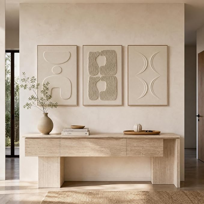 Thalasse Abstract Wall Art Large Framed 3D Sandstone 24x36 In | Wabi Sabi relief panels, solid wood frame, minimalist living room hallway entryway decor, 3 piece set