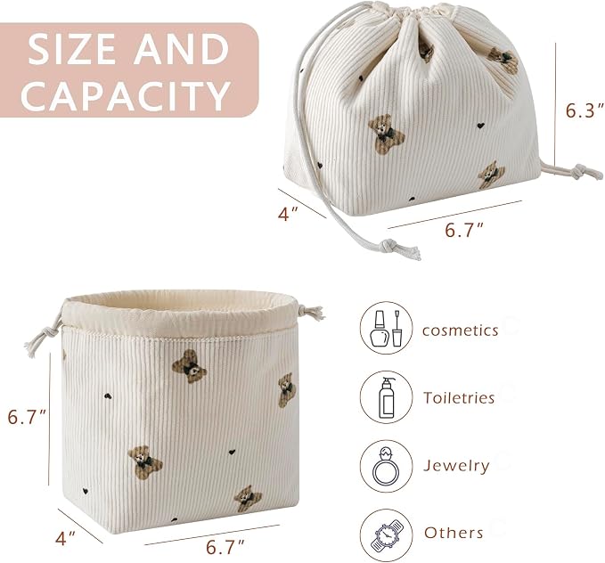 RSRSLEII Aesthetic Corduroy Drawstring Makeup Bag, Cute Coquette Drawstring Cosmetic Bag with Canvas Lining, Bear Pattern Travel Makeup Organizer Case for Women Girls (02Beige Bear)
