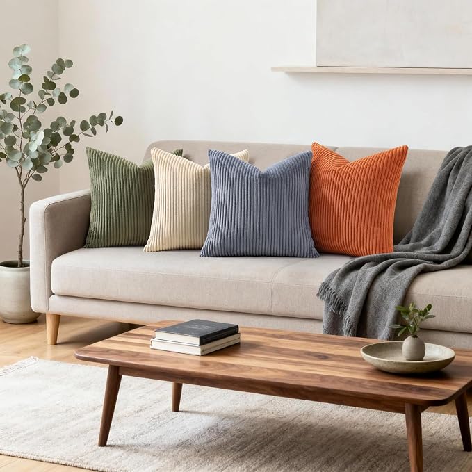Mecatny Corduroy Fall Throw Pillow Covers 16x16 Set of 2 Burnt Orange | Soft Striped Texture, Hidden Zipper Design, Neutral Boho Square Pillow Cases for Sofa Couch Living Room Bedroom, Home Décor