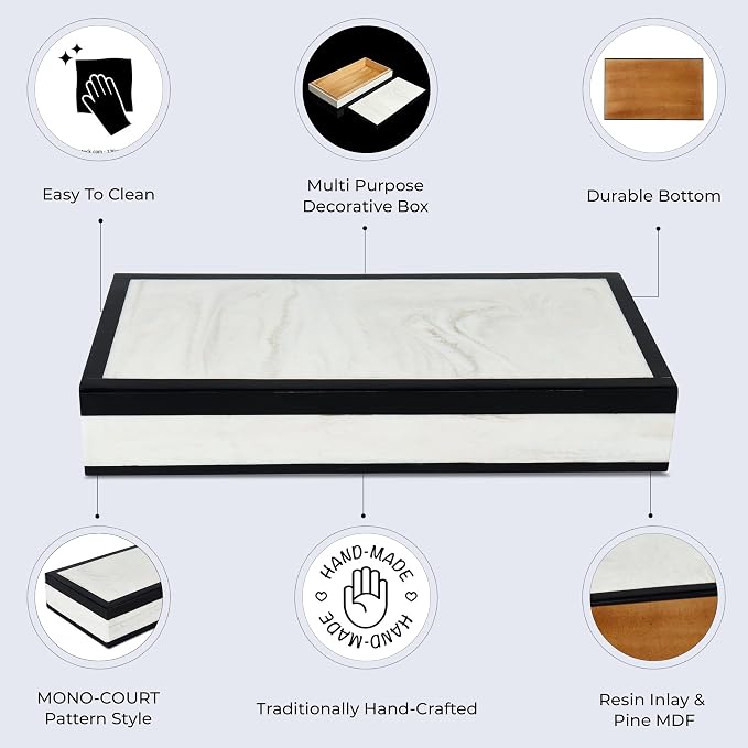 Handicrafts Home Large Decorative Storage Box with Lid – Black White Modern Storage Box, Remote Control Organizer for Coffee Table, Console & Living Room Decor – Mono Court 12 x 6 x 2
