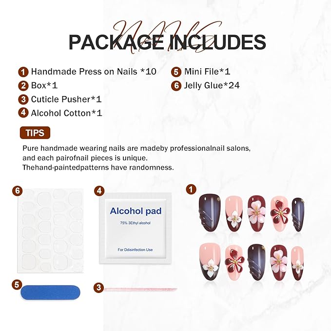 Handmade Press On Nails Almond - 3D Flowers Rhinestone Design Short Fake Nails with French Tips, Salon-Quality Reusable, 10Pcs Includes Adhesive Pads & Nail File, Women's Fall/Winter Gift