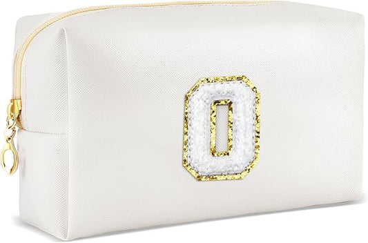 URSKYTOUS Gifts for Girls Initial Makeup Bag Personalized Cosmetic Bag with Zipper Cute Travel Toiletry Bags Waterproof PU Preppy Makeup Pouch Birthday Gift for Teen Girls Women(White O)