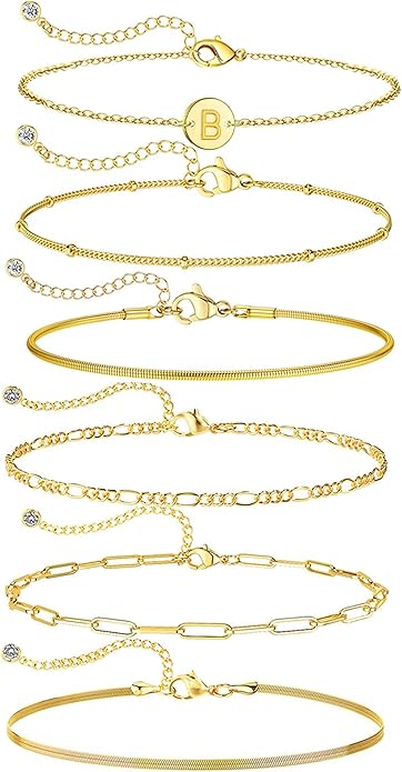 Bracelets for Women, 14K Gold Plated 6PCS Letter A-Z Stackable Jewelry Set for Adjustable 6"+2"