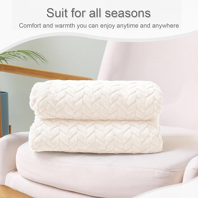 Exclusivo Mezcla Fleece Throw Blanket for Couch Sofa, 50”x70”, Off White | Oversized Soft Cozy Fluffy Blankets for Summer, Decorative Plush Flannel Throws for Living room, Bedroom with Leaves Pattern