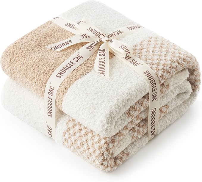 Snuggle Sac Checkered Blanket, Beige Throw Blanket for Couch Plaid Microfiber Fluffy Warm Cozy Soft Oversized Throw XL Reversible Checkered Blankets for Sofa, Chair, Bed, 50x70 inches