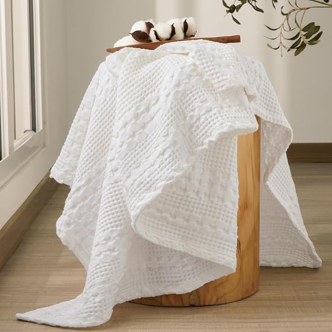 PHF 100% Cotton Waffle Weave Throw Blanket, Lightweight Breathable Summer Blanket for Couch Sofa, Pre-Washed Soft Throws for Bed, Office, Travel & Stylish Home Decor, 50"x60", White