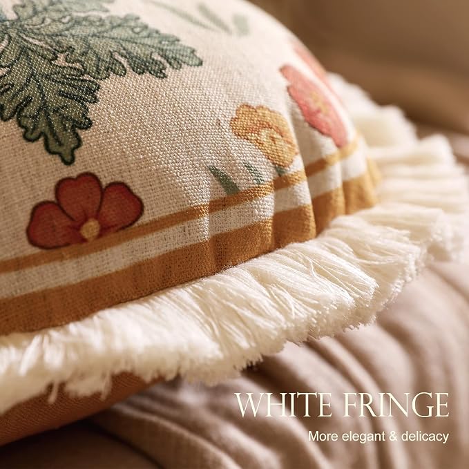 patdrea Vintage Linen Pillow Cover,Diameter 16",Set of 2-RosaSilvestre E | French Decorative Pillow Case,Yellow Floral Pattern,Cushion Coverfor Couch Living Room Bedroom,Fringe Trim