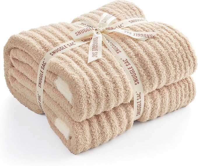 Snuggle Sac Soft Ribbed Beige Throw Blanket for Couch, Luxurious Fluffy Cozy Knit Throws for All Season, Reversible Warm Microfiber Netural Blankets for Couch, Sofa, Travel, Beige, 50x60 inches