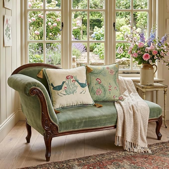 patdrea Designer French Vintage Linen Throw Pillow Cover,18"x18"-Cecilia E | Decorative Pillow Case with Zipper,Green Floral Pattern,Cushion Coverfor Couch Living Room Bedroom Sofa
