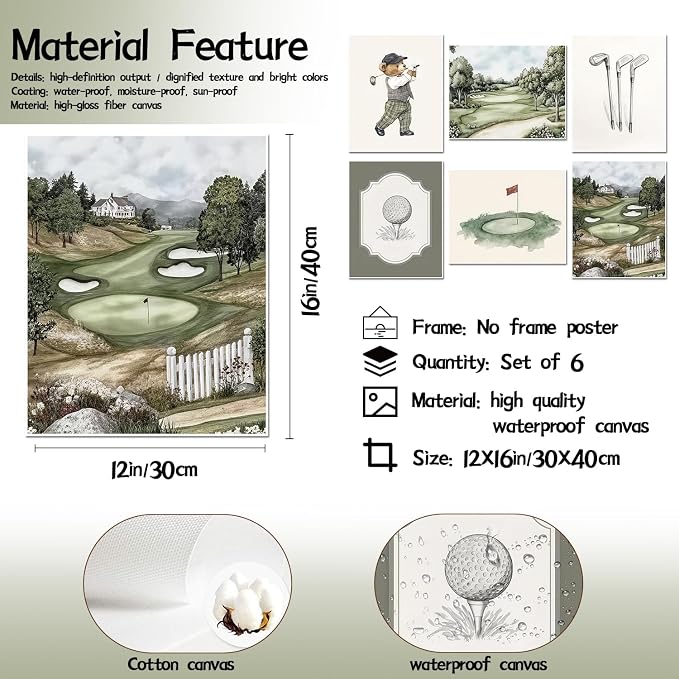 Mynotix Golf Nursery Canvas Poster Set of 6, Vintage Baby Boy Golf Sport Wall Art Teddy Bear Sage Green Kids Wall Decor Print for Living Room Bedroom Children's Room Unframed 12x16 inch