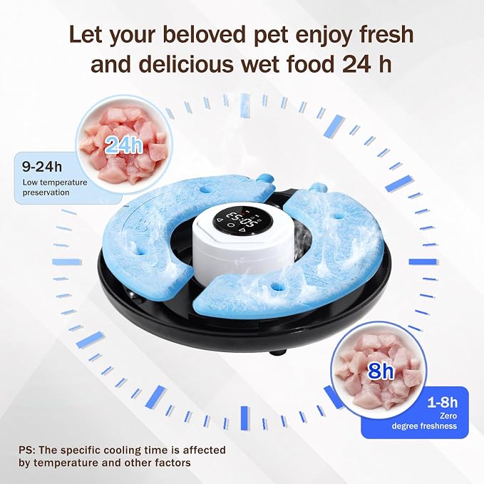 Automatic Wet Food Cat Feeder 6 Meal with Stainless Steel Tray, Auto Refrigerated Wet Foods Feeder for Cats Dogs, Programmable Timed Fresh Foods Dispenser with 2 Ice Packs for Kitty Puppy Cat Dog